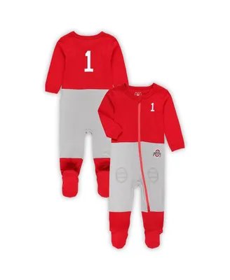 Infant Boys and Girls Wes & Willy Scarlet Ohio State Buckeyes #1 Football Uniform Full-Zip Footed Jumper