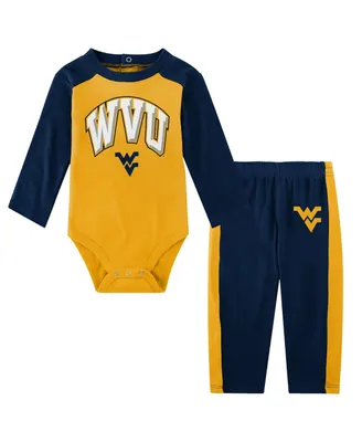 Newborn and Infant Boys and Girls Navy West Virginia Mountaineers Rookie of the Year Long Sleeve Bodysuit and Pants Set