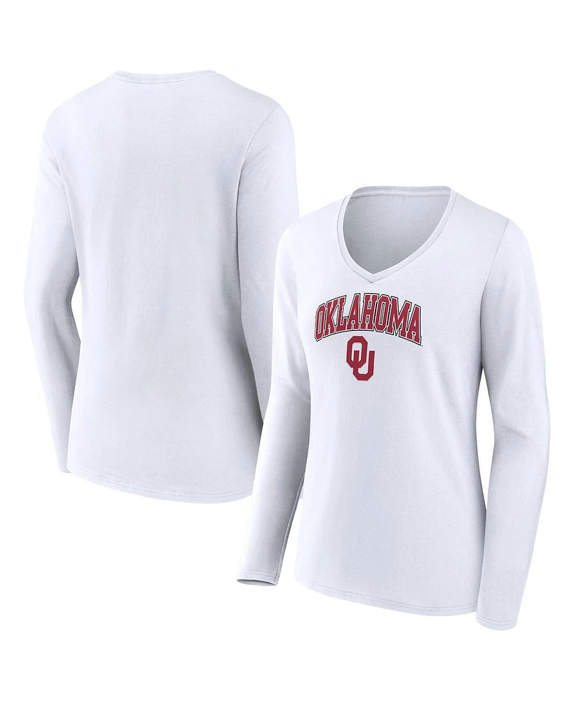 Women's Fanatics White Oklahoma Sooners Evergreen Campus Long Sleeve V-Neck T-shirt