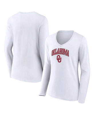 Women's Fanatics White Oklahoma Sooners Evergreen Campus Long Sleeve V-Neck T-shirt