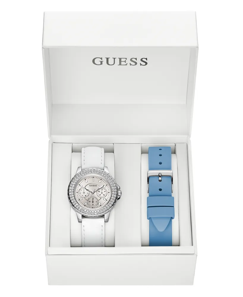 Guess Women's Multi-Function White Genuine Leather Watch 36mm Gift Set