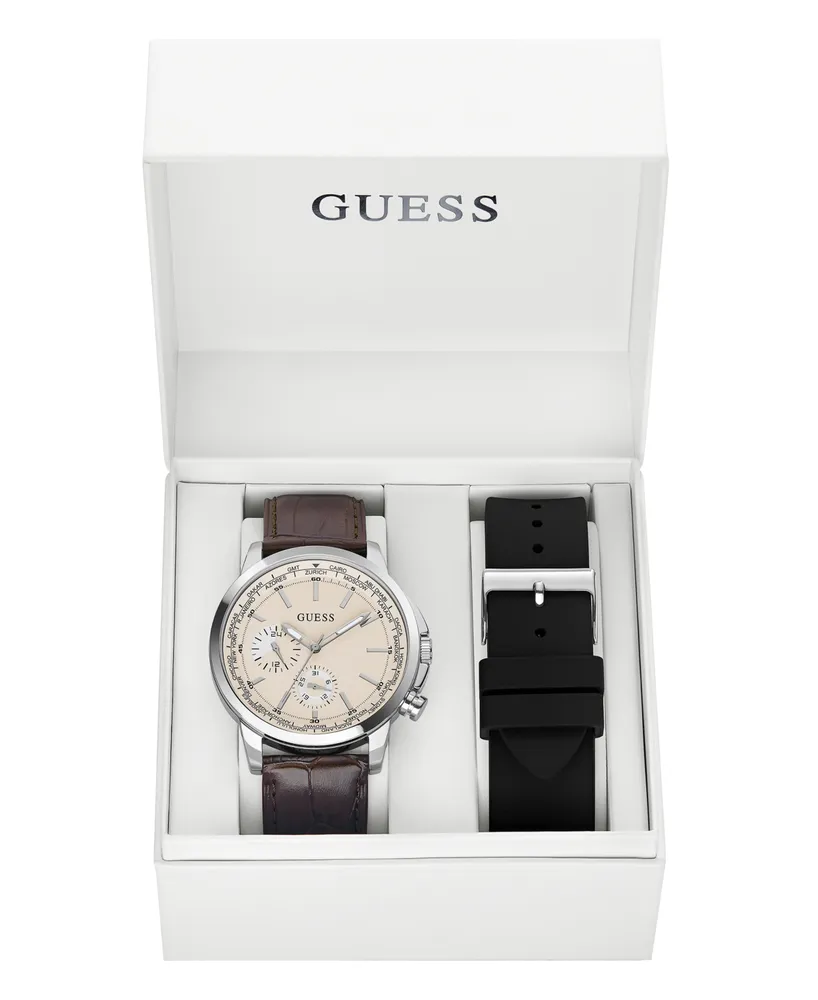 Guess Men's Multi-Function Brown Genuine Leather Watch 44mm Gift Set