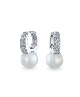 Elegant Bridal Modern Cz Pave Encrusted White Simulated Pearl Mini Hoop Drop Huggie Earrings For Women Wedding