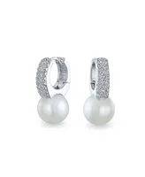 Bling Jewelry Elegant Modern Cz Pave Encrusted White Simulated Pearl Mini Hoop Drop Huggie Earrings For Women