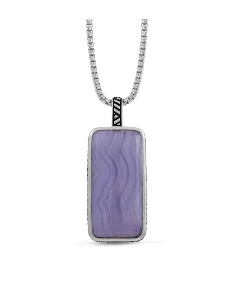 LuvMyJewelry Blue Lace Agate Gemstone Sterling Silver Men Tag in Black Rhodium Plated with Chain