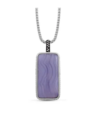 LuvMyJewelry Blue Lace Agate Gemstone Sterling Silver Men Tag in Black Rhodium Plated with Chain