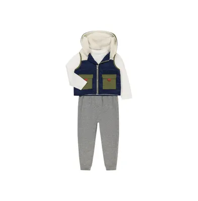 Toddler Boys 3 Piece Outfit Set with Sherpa Hood Vest, Long Sleeve Graphic Top, and Jogger Pants