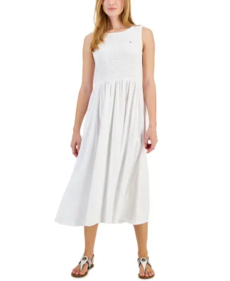 Tommy Hilfiger Women's Logo Solid-Color Smocked Sleeveless Dress