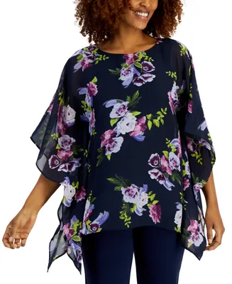 Jm Collection Women's Floral-Print Poncho-Sleeve Top, Created for Macy's