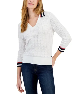 Tommy Hilfiger Women's Cotton Striped-Collar Cable-Knit Sweater