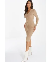 Quiz Women's Gold Button Pocket Knit Long Sleeve Dress