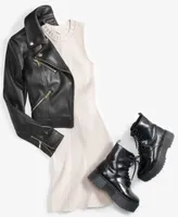 Guess Womens Venom Cropped Faux Leather Moto Jacket Ribbed Sleeveless Sweater Dress