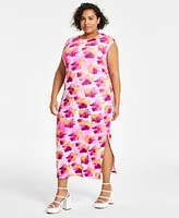 Bar Iii Trendy Plus Printed Crewneck Sleeveless T-Shirt Dress, Created for Macy's