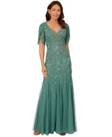 Adrianna Papell Women's Beaded Petal-Sleeve Mermaid Gown