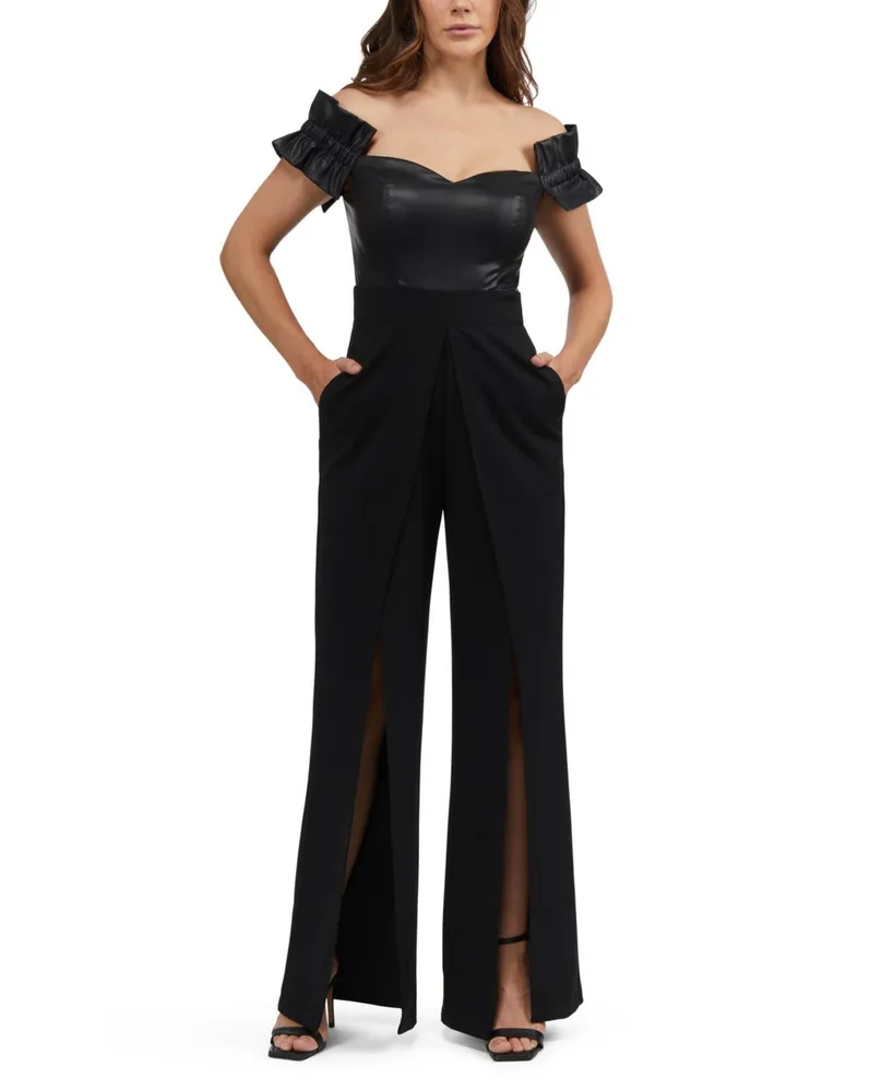 Bebe Women's Faux Leather Off Shoulder Wide Leg Jumpsuit