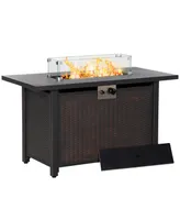 Outsunny 43 Inch Outdoor Propane Gas Fire Pit Table, 50,000 Btu Auto-Ignition Rectangular Wicker-effect Gas Firepit with Glass Wind Guard, Lid, Glass