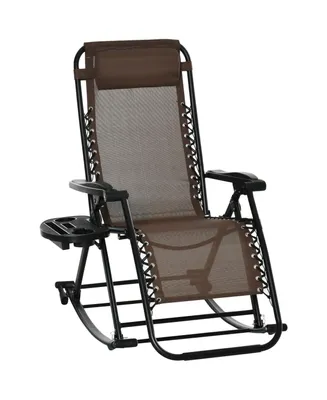 Outsunny Zero Gravity Reclining Rocking Chair, Lounge Rocker, Folding, Pillow, Side Tray, Cup and Phone Holder, Brown