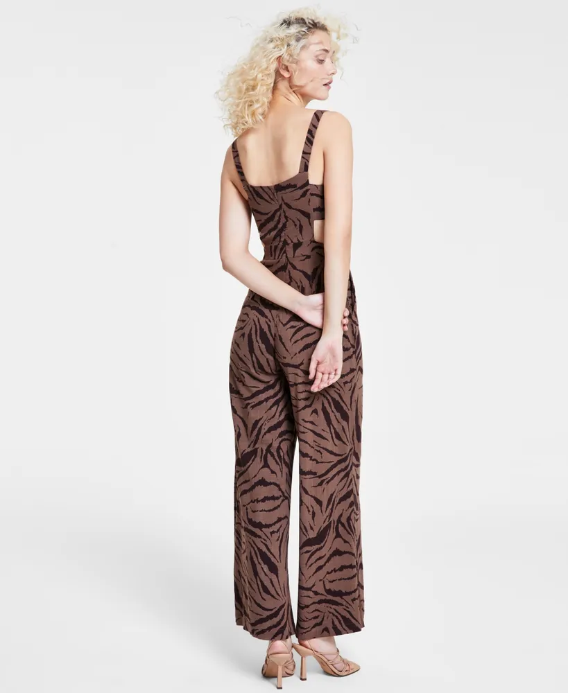 Bar Iii Women's Printed Square-Neck Cutout-Side Wide-Leg Jumpsuit, Created for Macy's