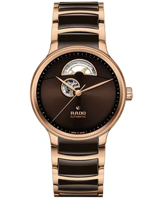 Rado Unisex Swiss Automatic Centrix Open Heart Brown Ceramic & Rose Gold Pvd Stainless Steel Bracelet Watch 40mm