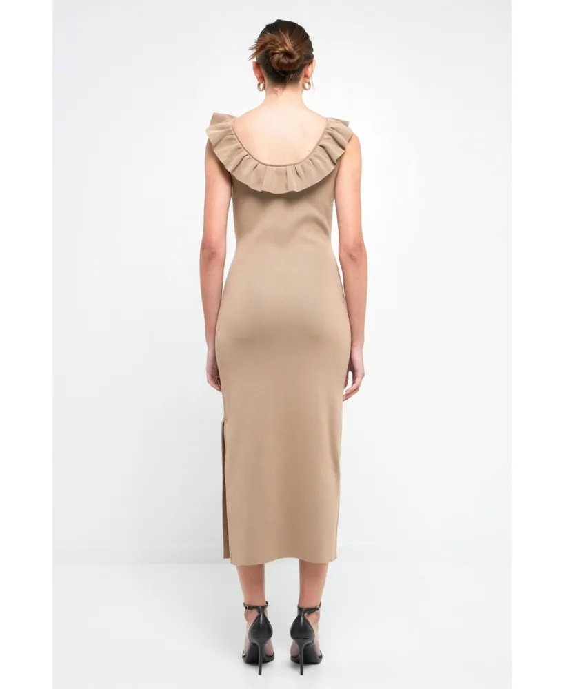 Women's Ruffle Neckline Midi Slit Dress