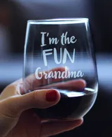 Bevvee I'm The Fun Grandma Grandparent Gifts Stem Less Wine Glass, 17 oz