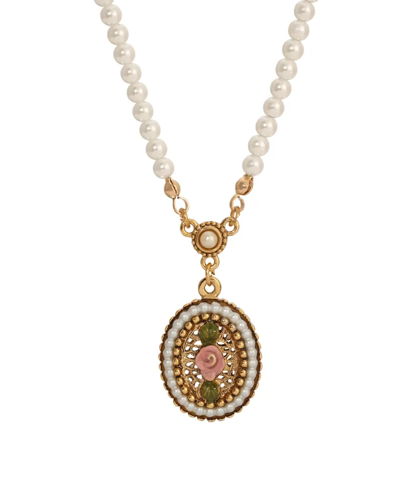 2028 Imitation Pearl Pink Enamel Flower Pendant Necklace