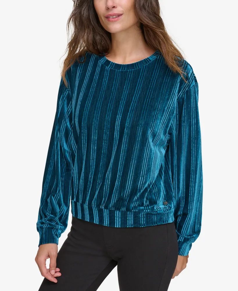 Andrew Marc Sport Women's Ribbed Velvet Crew Neck Pull Over Top