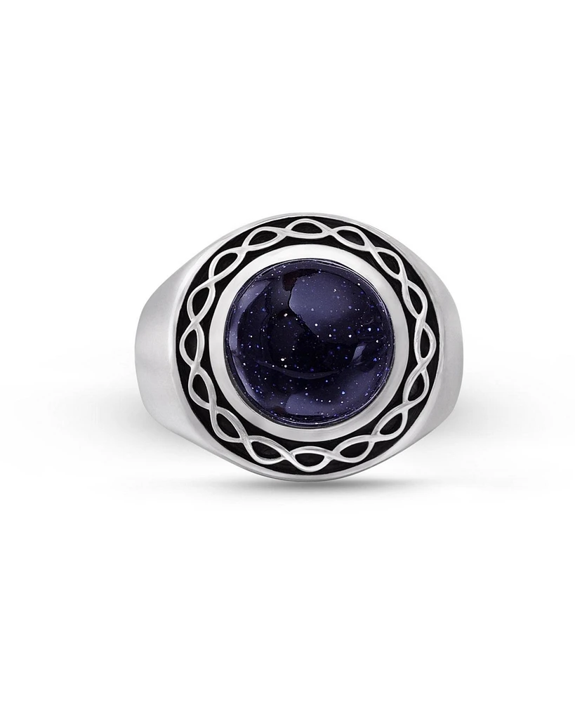 LuvMyJewelry Blue Sand Stone Flat Back Cabochon Gemstone Silver Signet Ring Black Rhodium