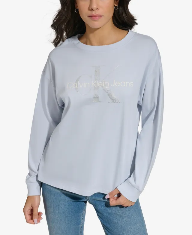 Calvin Klein Jeans Short Logo Mock Embroidery Cropped Hawthorn Mall Neck Monogram Sleeve Top Women\'s 