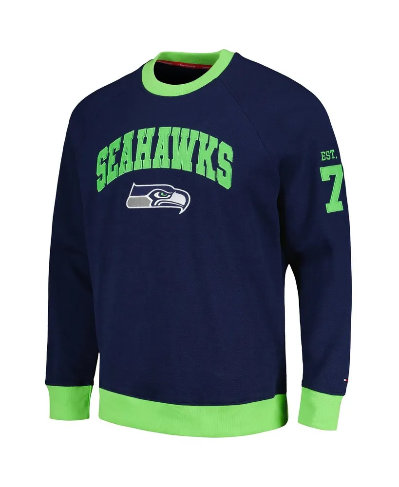 Men's Tommy Hilfiger College Navy, Neon Green Seattle Seahawks Reese Raglan Tri-Blend Pullover Sweatshirt