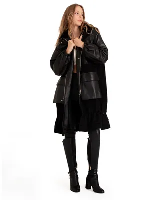 Women's Back To Black Oversized Leather Panelled Coat