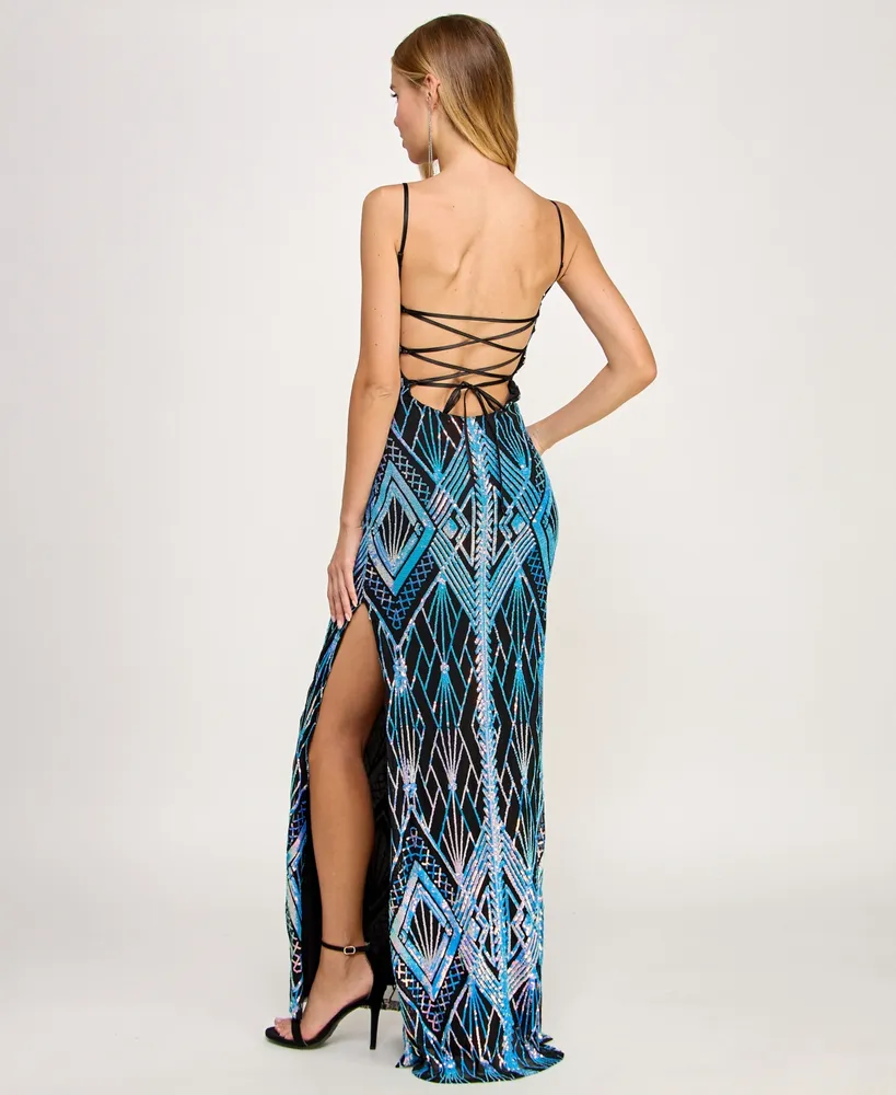 Emerald Sundae Juniors' Sequin-Design Side-Slit Gown, Created for Macy's