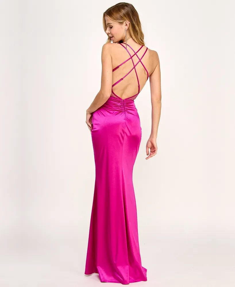 City Studios Juniors' Satin Cross-Strap Mesh with Stones on the Back Gown