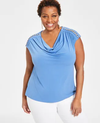 I.n.c. International Concepts Plus Laced-Chain-Shoulder Top, Created for Macy's