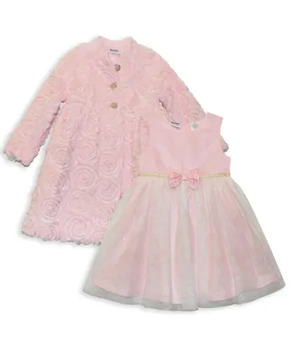 Blueberi Boulevard Baby Girls Embroidered Rosette Fit-and-Flare Sleeveless Dress and Coat, 2 Piece Set