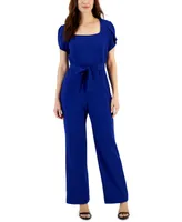 Connected Women's Petal-Sleeve Tie-Waist Square-Neck Jumpsuit