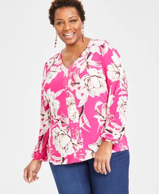 I.n.c. International Concepts Plus Printed Studded Blouson-Sleeve Top, Created for Macy's