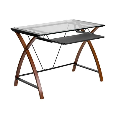 Emma+Oliver Glass Computer Desk-Pull-Out Keyboard Tray & Crisscross Frame
