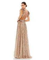 Women's Sequined Cut Out Ruffled Cap Sleeve Lace Up Gown