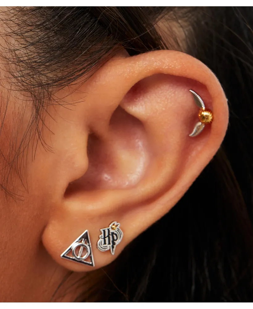 Harry Potter Silver Plated Stud Earrings Set Hp, Deathly Hallows, and Golden Snitch- 3 Pairs
