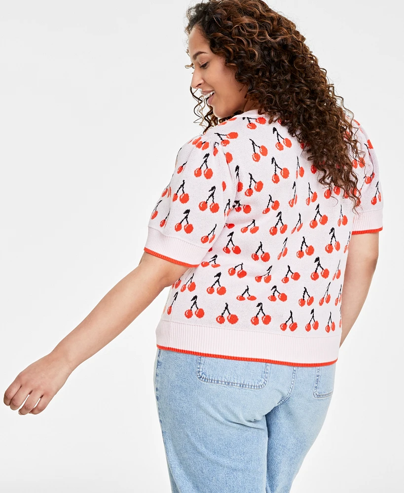 On 34th Trendy Plus Cherry Jacquard Short-Sleeve Sweater, Created for Macy's