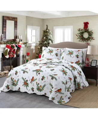 MarCielo 3 Pcs Winter Cardinals Christmas Quilt Bedspread Set C79