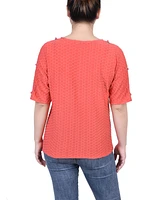 Ny Collection Petite Short Sleeve Honeycomb Textured Grommet Top