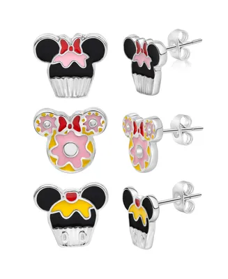 Disney Mickey and Minnie Mouse Fashion Stud Earring - Cupcakes and Donut, Silver/Pink - 3 pairs