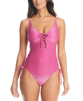 Bar Iii Women's Shimmer Lace-Up One-Piece Swimsuit, Created for Macy's