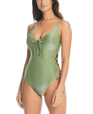 Bar Iii Women's Shimmer Lace-Up One-Piece Swimsuit, Created for Macy's