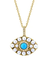 Effy Turquoise, Freshwater Pearl (2 - 2-1/2mm) & Diamond (1/20 ct. t.w.) Evil Eye 18" Pendant Necklace in 14k Gold