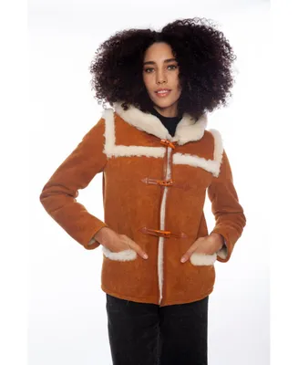 Furniq Uk Women's Hoody Shearling Jacket, Washed Tan with White Wool