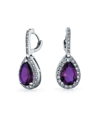 Bling Jewelry 7CT Halo Purple Cubic Zirconia Cz Formal Huggie Snap Hinge Dangle Drop Teardrop Earrings smaid Rhodium Plated