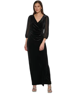 Dkny Women's Side-Ruched Chiffon-Sleeve Velvet Gown